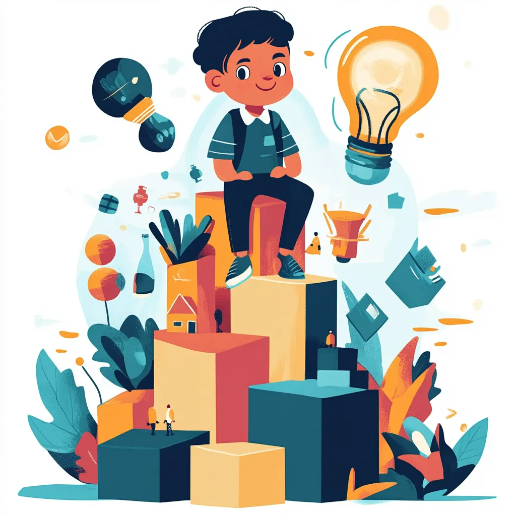 smart confident boy Skills Development with lots of books